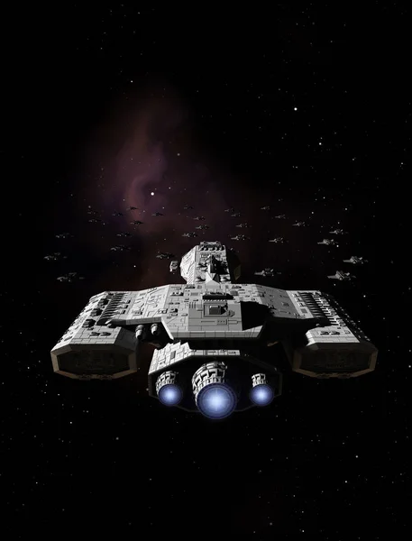 Sci Ilustrace Vesmírných Bitevních Křižníku Doprovodem Jednomístných Stíhacích Kosmických Lodí — Stock fotografie