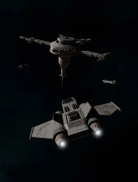 深宇宙ステーションに接近する単一座席戦闘機宇宙船のSfイラスト 3Dデジタルレンダリングイラスト — ストック写真