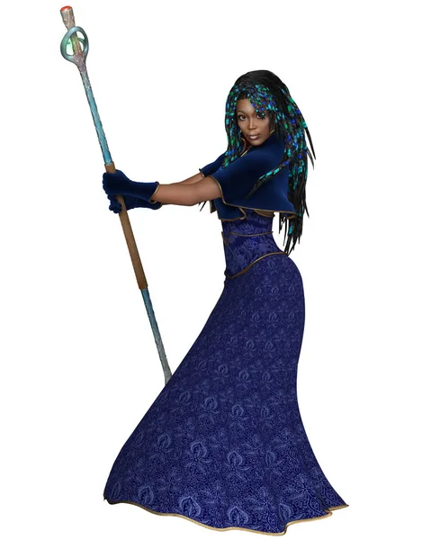 Fantasy Illustration Black Female Sorceress Dressed Blue Holding Glowing Magical — Stock Photo, Image