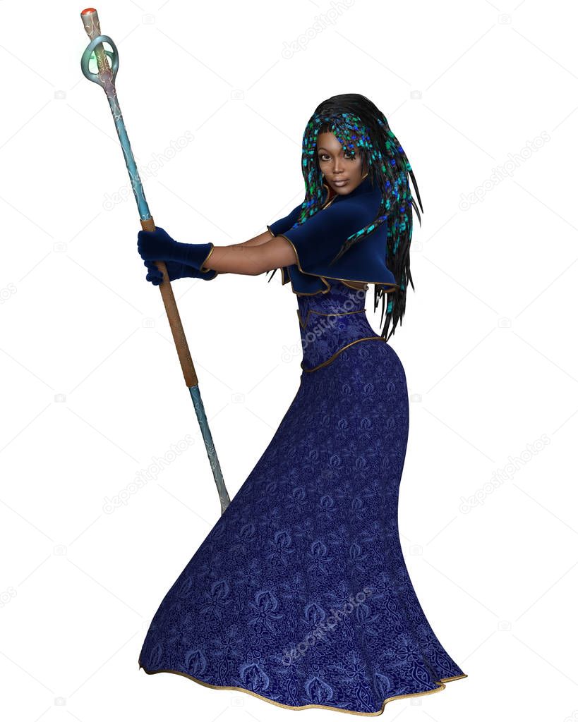 Fantasy illustration of a black female sorceress dressed in blue and holding a glowing magical staff, side view, 3d digitally rendered illustration