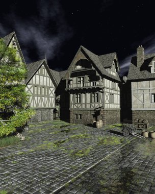 Parlak ay ışığı ve yıldızlı gece gökyüzü ile Orta Çağ veya Ortaçağ döneminde bir Avrupa kasabasında geçen bir sokak sahnesi nin İllüstrasyon, 3d dijital olarak işlenmiş illüstrasyon