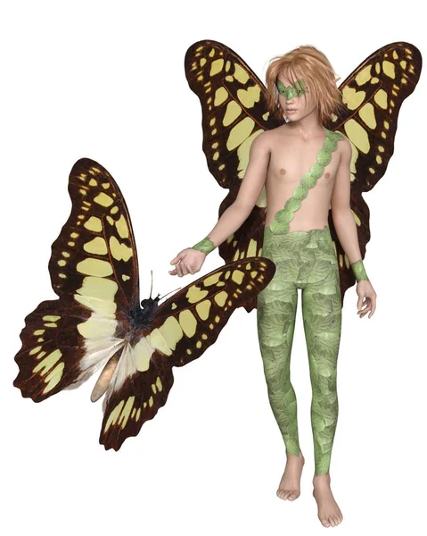 ツバメの蝶と妖精の少年の幻想的なイラスト 3Dデジタルレンダリングイラスト — ストック写真