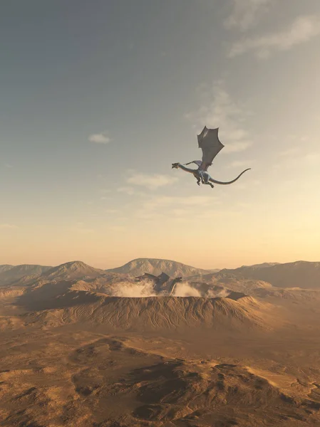 Fantasie Illustrationen Von Drachen Die Einen Dampfenden Krater Der Wüste — Stockfoto