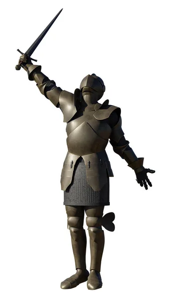 Illustration Medieval Knight Wearing Bronze Colour Milanese Armour Standing Victory — Stock Photo, Image