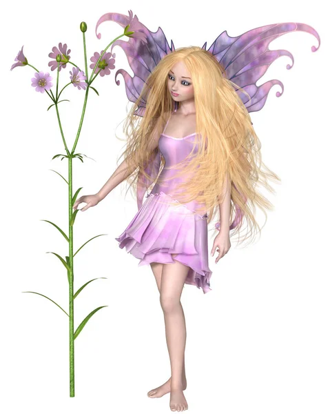 Illustration Fantaisiste Une Jolie Fée Blonde Aux Fleurs Ailes Violettes — Photo