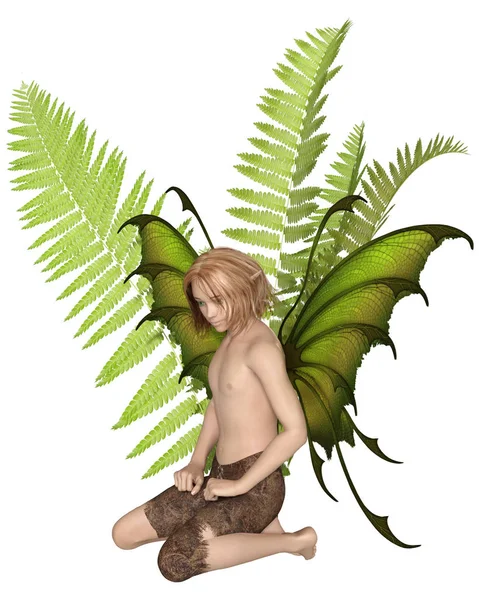 Fantasy illustration of a fairy boy kneeling among the ferns, 3d digitally rendered illustration