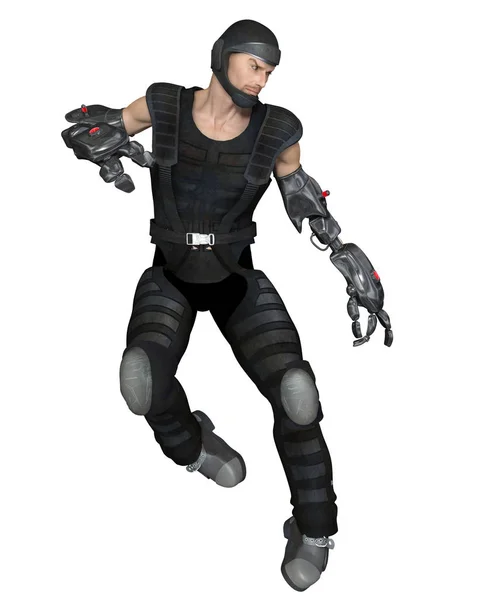 Ilustración Ciencia Ficción Futuro Soldado Masculino Con Armas Cibernéticas Saltando — Foto de Stock