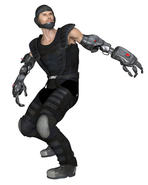 Science fiction illustration of a future male soldier with cyber arms turning in surprise, 3d digitally rendered illustration