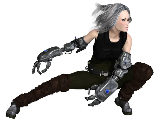 Science Fiction Illustration Future Female Soldier Cyber Arms Crouching Attacking — Stock Photo, Image