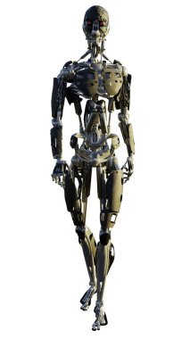 İleri ye doğru yürüyen fütüristik insansı robotun bilim kurgu illüstrasyonu, 3d dijital olarak işlenmiş illüstrasyon