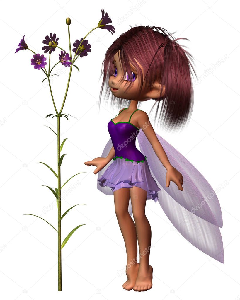 Fantasy illustration of a pretty toon fairy with purple flowers, wings and dress, 3d digitally rendered illustration
