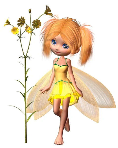 Fantasy Illustration Pretty Toon Fairy Yellow Flowers Wings Dress Digitally — Stock Photo, Image