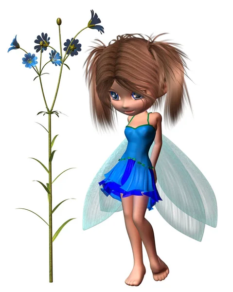 Fantasy Illustration Pretty Toon Fairy Blue Flowers Wings Dress Digitally — Stock Photo, Image