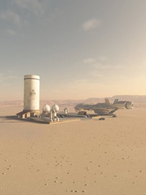 Bir uzay gemisi nin bilim kurgu illüstrasyon yabancı bir dünyada çölde izole bir üste bir yakıt ikmali durdurmak yapma, 3d dijital olarak işlenmiş illüstrasyon