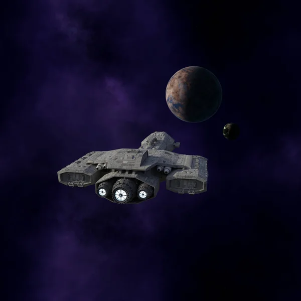 Science Fiction Illustration Interplanetary Spaceship Approaching Alien Planets Purple Nebula — Stock Photo, Image