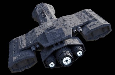 Bir uzay savaş kruvazör bilim kurgu illüstrasyon, siyah izole, beyaz motor kızdırma ile üst arka görüş, 3d dijital olarak işlenmiş illüstrasyon