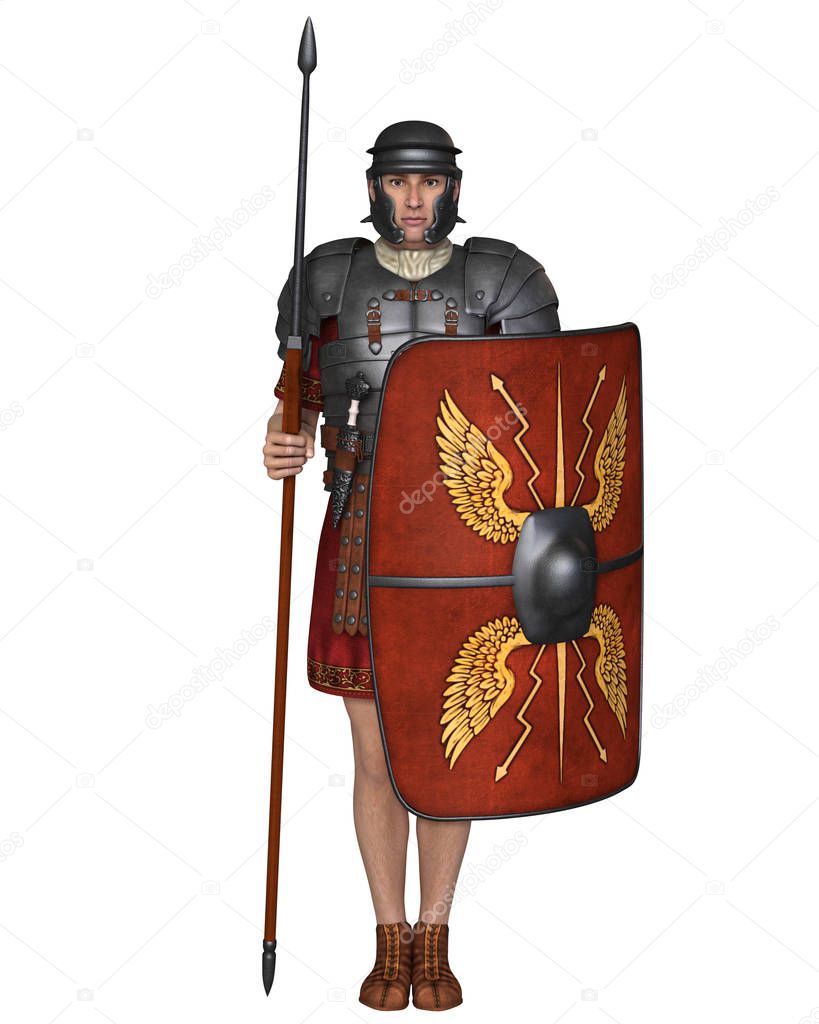 Illustration of an Imperial Roman legionary soldier wearing lorica segmentata armour, 3d digitally rendered illustration