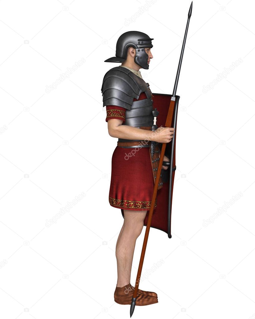 Illustration of an Imperial Roman legionary soldier wearing lorica segmentata armour, right side view, 3d digitally rendered illustration