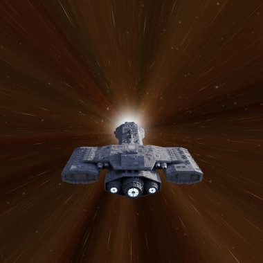 Hiper uzayda ışık hızından daha hızlı hareket eden bir savaş kruvazörü uzay gemisinin bilim kurgu illüstrasyonu, dijital olarak hazırlanmış 3D