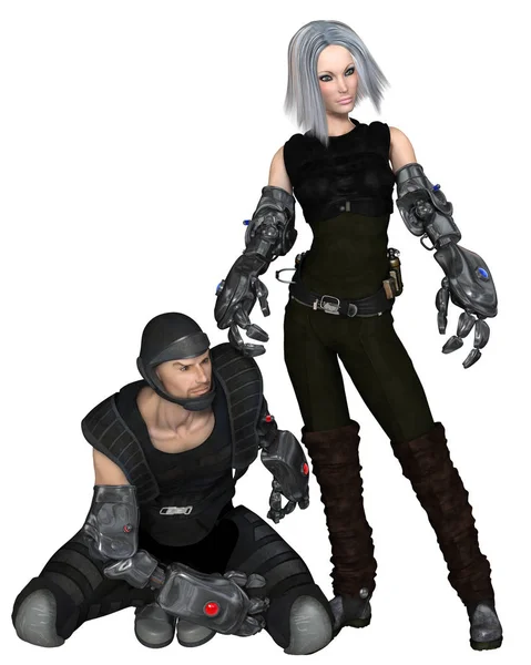 Science Fiction Illustration Future Male Female Soldiers Cyber Arms Waiting — Stock Photo, Image