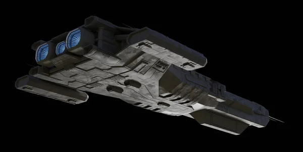 下から見た黒で隔離された 輝く青いエンジンを持つ宇宙船キャリア船のSfイラスト 3Dデジタルレンダリングイラスト — ストック写真