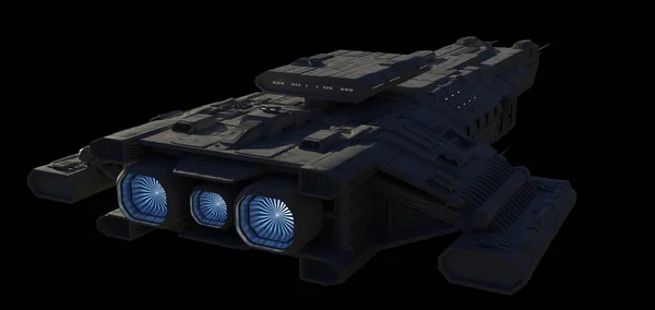 影と青のエンジングロー 3Dデジタルレンダリングイラストと背面角度のビューで黒に隔離された宇宙船キャリア船のSfイラスト — ストック写真