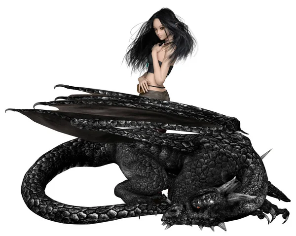 女性ドラゴンタマーとブラックドラゴン 黒龍のそばに立つ黒髪の女性龍虎の幻想的なイラスト 3Dデジタルレンダリングイラスト — ストック写真