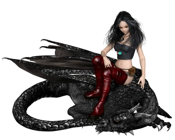 Illustration Fantastique Une Femme Aux Cheveux Bruns Dompteur Dragon Assise — Photo