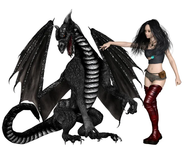 Vrouwelijke Dragon Tamer Instrueert Een Zwarte Draak Fantasie Illustratie Van — Stockfoto