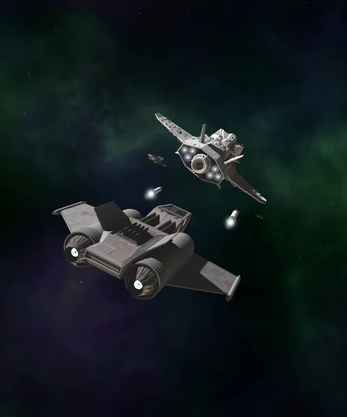 ディープ スペース スター ファイター アタック 一人乗り戦闘機による攻撃下の宇宙船のSfイラスト 3Dデジタルレンダリングイラスト — ストック写真