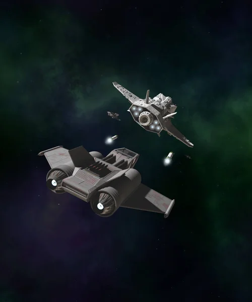 Deep Space Star Fighter Attack. Science fiction illustration of an spaceship under attack by single-seater fighters, 3d digitally rendered illustration.