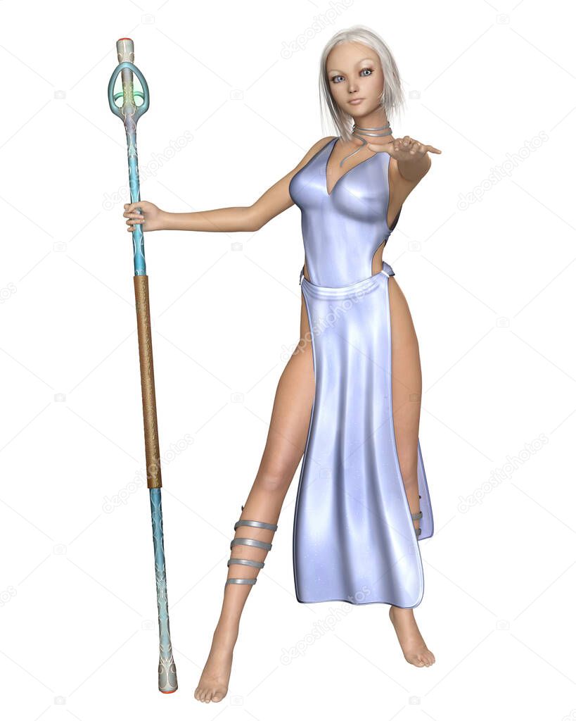 Light Mage with Magic Staff Casting a Spell. Fantasy illustration of a light mage or female sorceress dressed in blue and holding a glowing magical staff preparing to cast a spell, front view, 3d digitally rendered illustration.