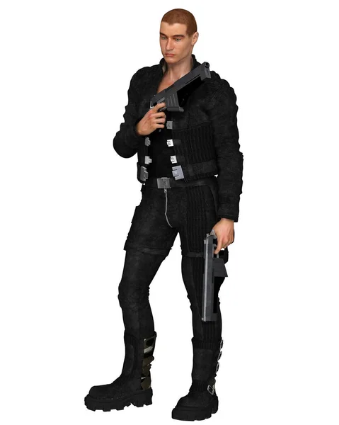 二丁の銃で待っている占いの未来の男性兵士のイラスト 3Dデジタルレンダリングイラスト — ストック写真