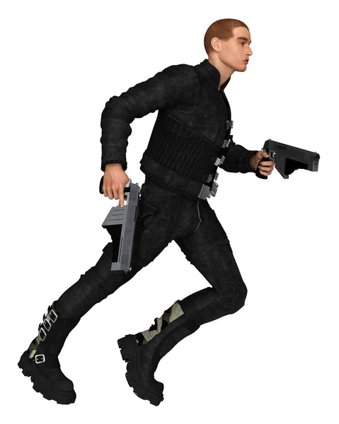 2門の銃で走る占いの未来的な男性兵士のイラスト 3Dデジタルレンダリングイラスト — ストック写真