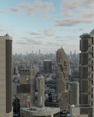 Science fiction illustration of a close up view of buildings and skyline of a future city, 3d digitally rendered illustration clipart