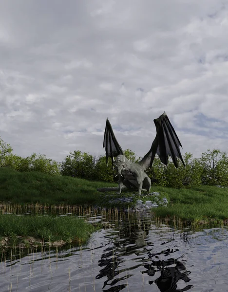 穏やかな水のプールの横に座っている緑の沼龍のファンタジーイラスト 3Dデジタルレンダリングイラスト — ストック写真