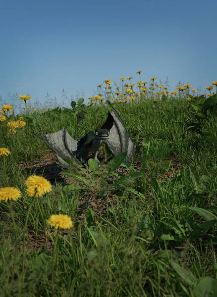 Winziger Grüner Drache Langen Gras Fantasie Illustration Eines Kleinen Grünen — Stockfoto