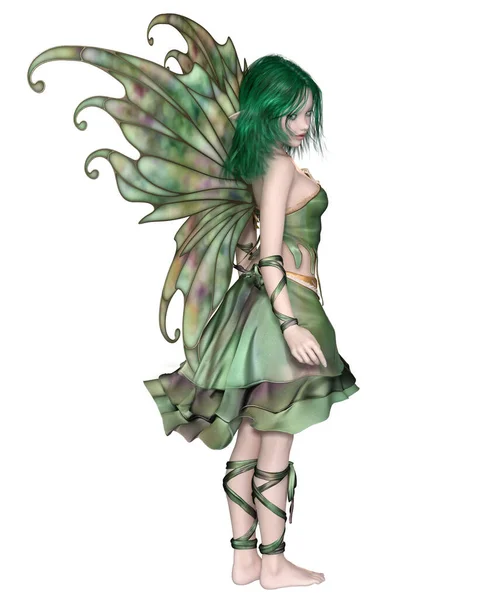 Fantasy Illustration Cute Pretty Fairy Green Hair Dress Wings Digitally — Stock Photo, Image