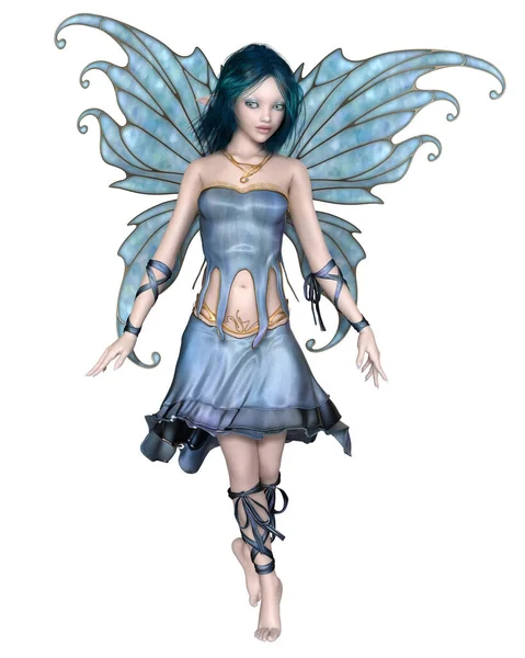 Fantasy illustration of a cute and pretty fairy with blue hair, dress and wings, 3d digitally rendered illustration