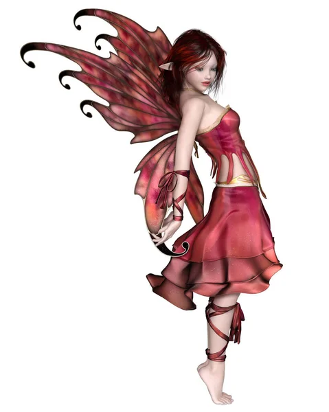 一个有着红头发 衣服和翅膀的可爱而漂亮的仙女的幻想图解 3D数字渲染图解 — 图库照片