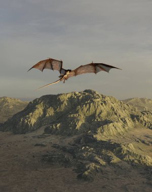 Bir dağ sırasının üzerinde uçan kırmızı bir ejderhanın fantezi çizimi, dijital olarak çizilmiş 3D