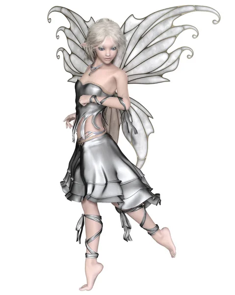 Fantasy Illustration Cute Pretty Fairy White Blonde Hair Silver Dress — Stock Photo, Image