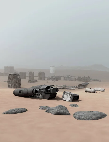 未来城市和宇宙飞船残骸被沙漠吞没的科幻小说图解 3D数字图解 — 图库照片