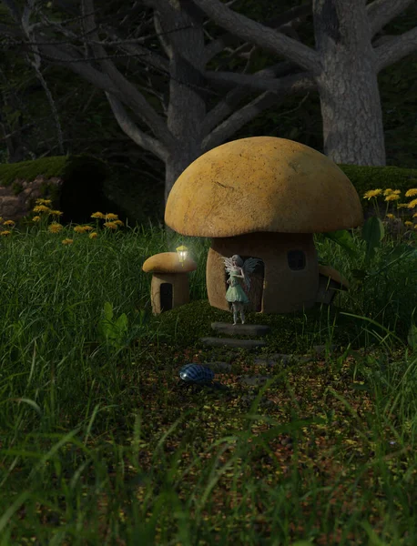 Fantasy Illustration Fairy Living Tiny Toadstool House Dark Forest Digitally — Stock Photo, Image