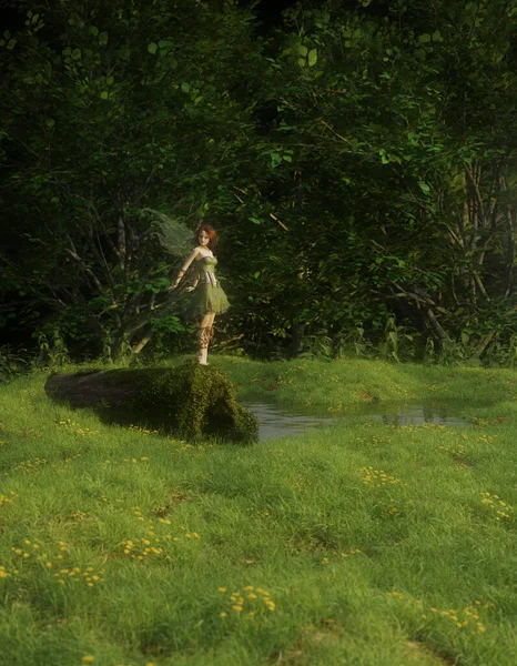 かなりブルネット妖精立って上の苔むしたログによって池で森 3Dデジタルレンダリングイラスト — ストック写真