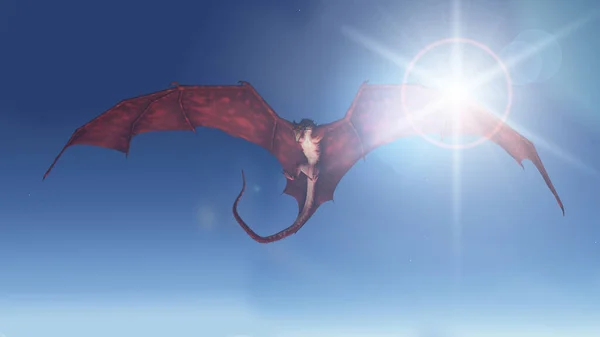 太陽からの明るい空から攻撃するために飛んでいる赤い龍のファンタジーイラスト 3Dデジタルレンダリングイラスト — ストック写真