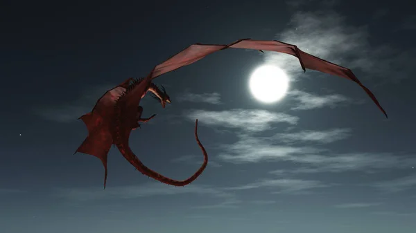 幻想中的红色龙在月光下在夜空中飞翔的图画 3D数字渲染的图画 — 图库照片