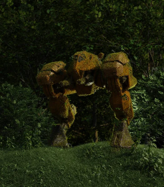 被遗忘的战争机器 俄罗斯 苔藓覆盖了被遗弃在森林中的战斗机器人战争机器 3D数字演示 — 图库照片