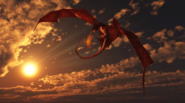 红龙从明亮的夕阳中攻击 3D数字渲染的奇幻图解 — 图库照片