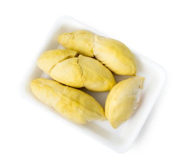 durians kırpma yolu ile beyaz arka plan üzerinde paketlenmiş köpük tepsisinde